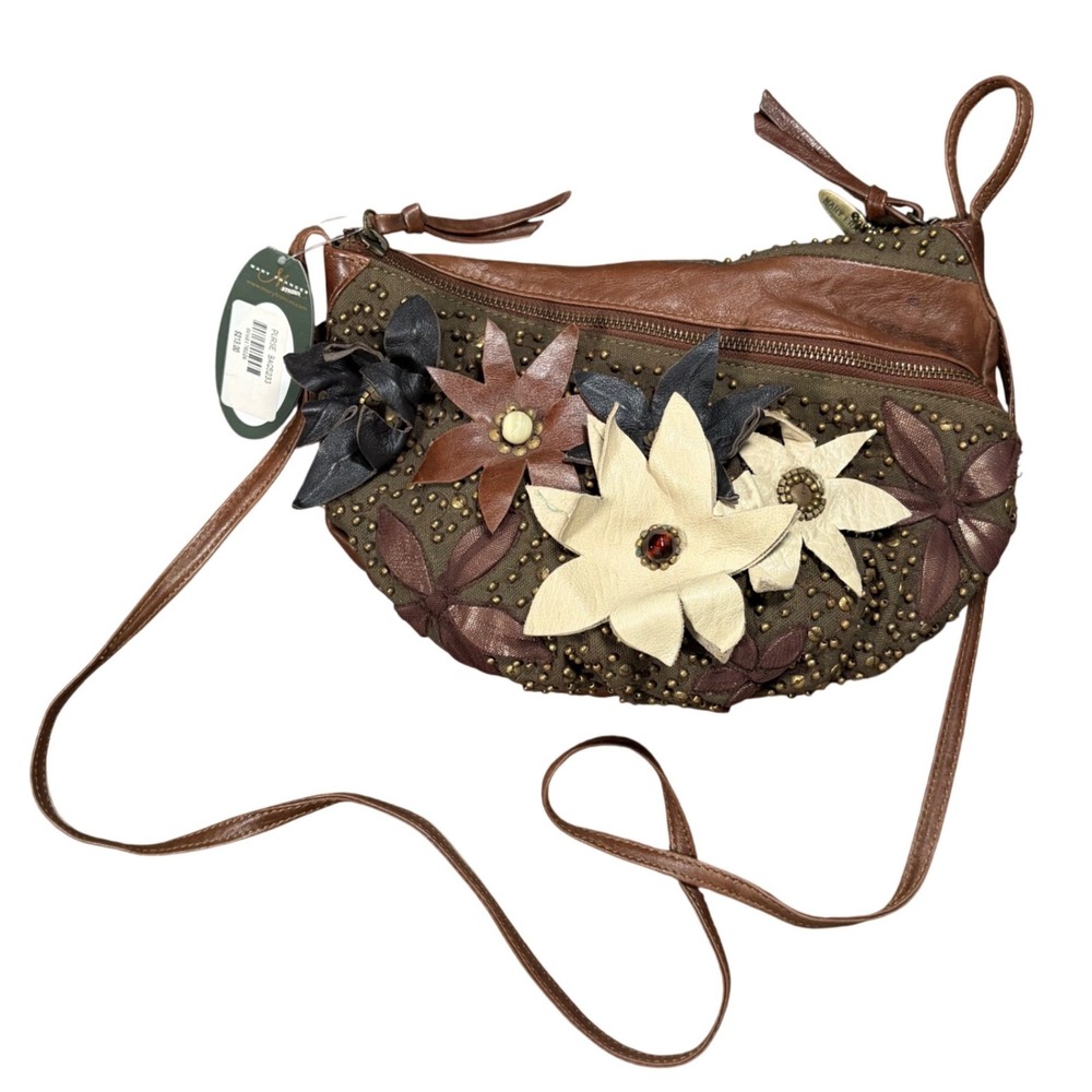 Mary Frances Street Leather Floral Studded Crossbody Bag Brown Olive BAG5233 NWT